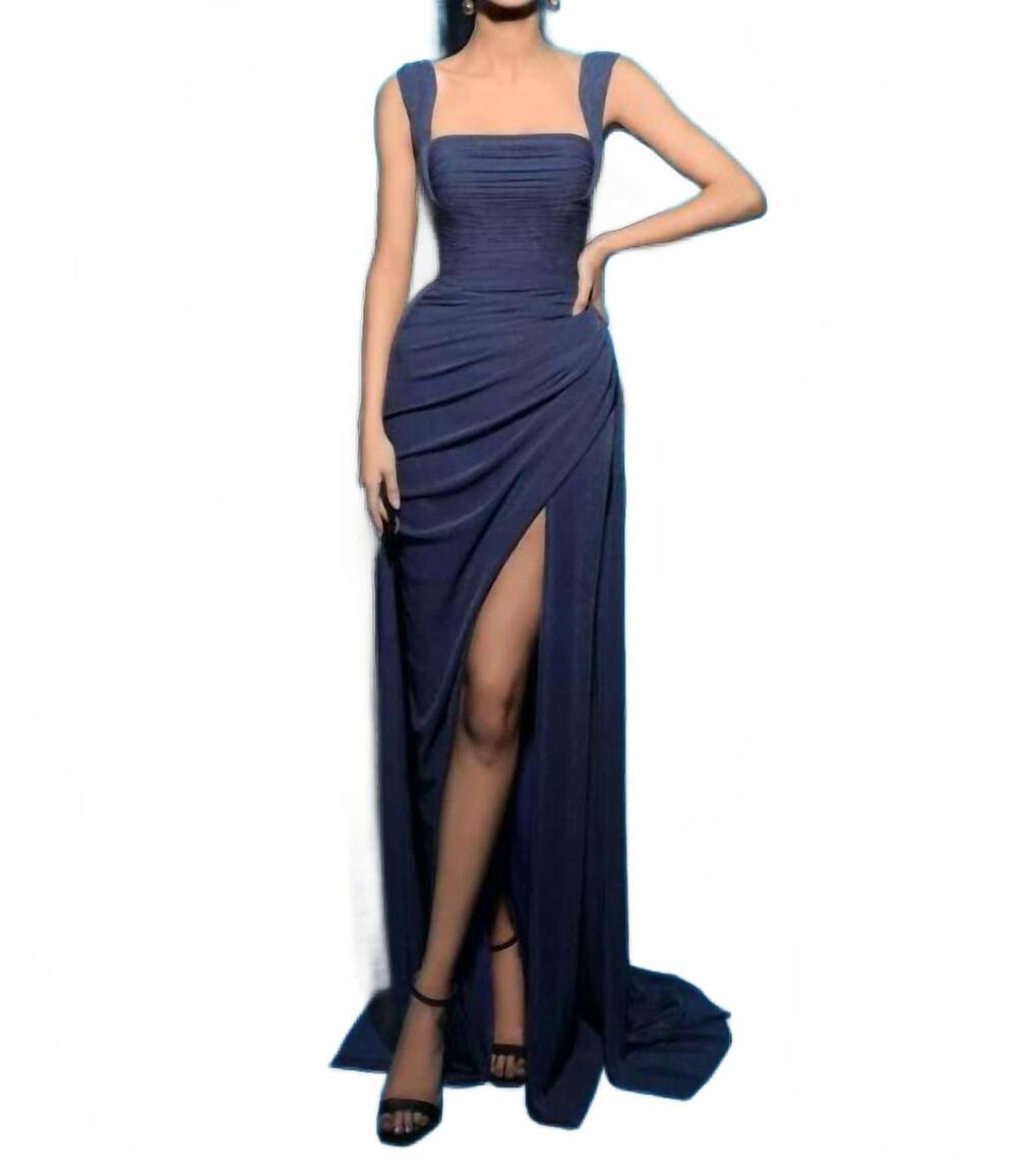 NEW TARIK EDIZ square neckline ruched gown in bijou blue